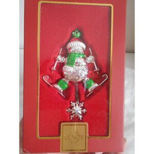 NIB LENOX Skiing Snowman Silver Hangning Ornament 4" Ornament RARE!